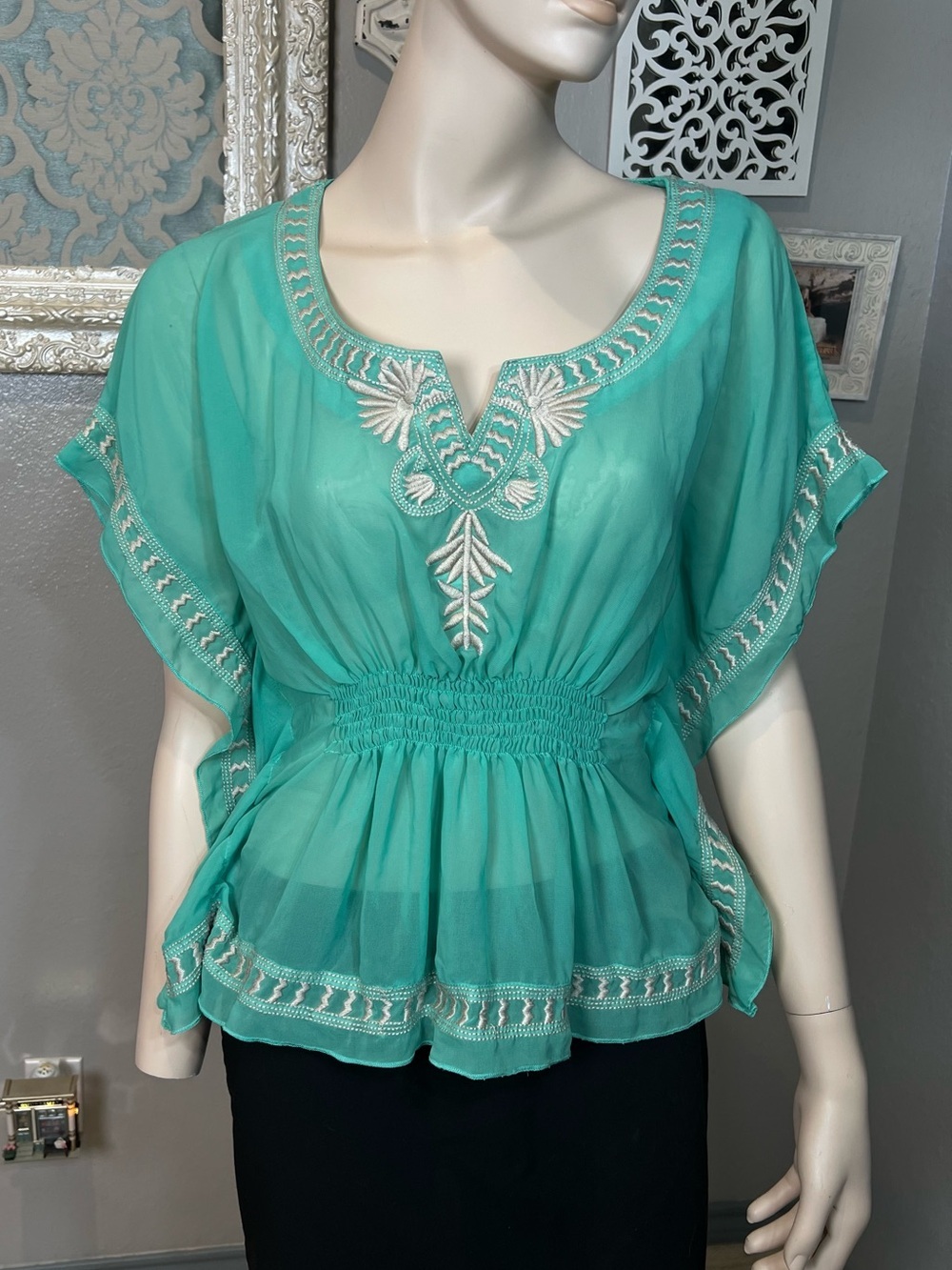 Women's greenish Turquoise Embroidered Peasant Blouse